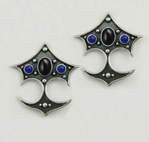 Sterling Silver Gothic Drop Dangle Earrings With Black Onyx And Lapis Lazuli